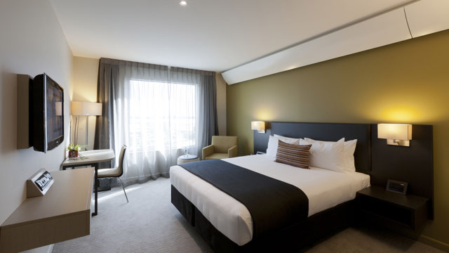 Executive king room. Large bed with lounge seat, desk and chair, flatscreen TV and ottoman and lamps
