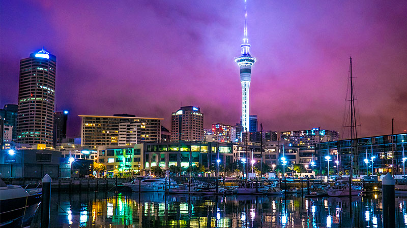 View of Auckland harbour at night, purple sky with Sky Tower lit up in white.