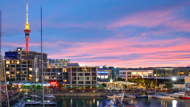 Auckland city skyline with the Sky Tower standing prominently above the central business district.